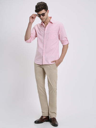 Men's Regular Collar Slim Fit Solid Pink Casual Shirts