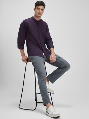 Men's Mandarin Collar Slim Fit Solid Purple Casual Shirts