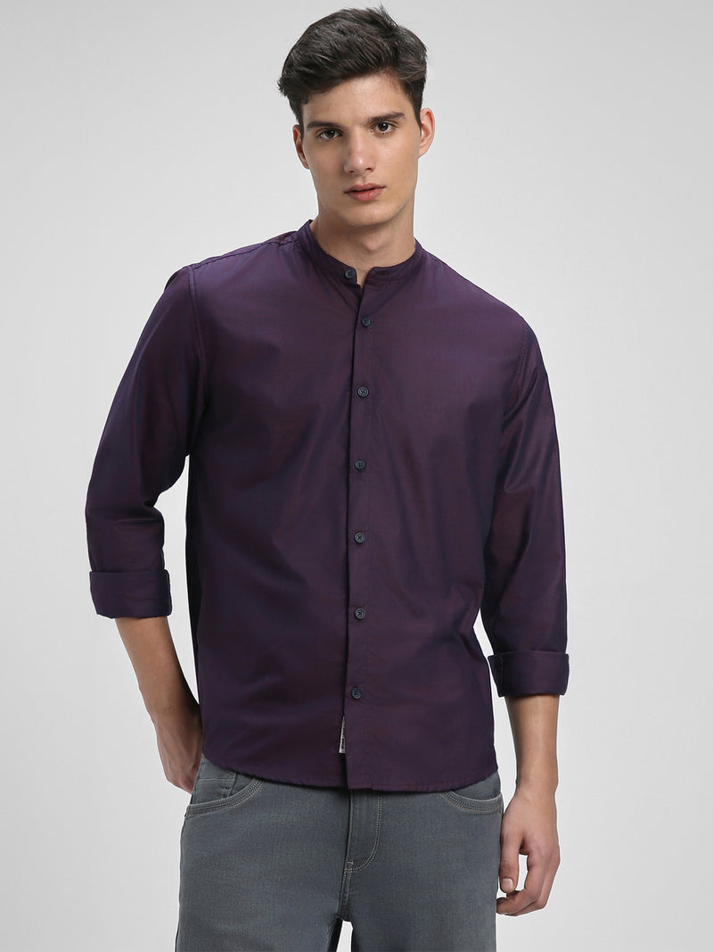 Men's Mandarin Collar Slim Fit Solid Purple Casual Shirts