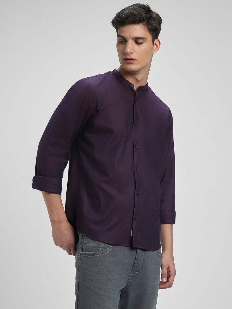 Men's Mandarin Collar Slim Fit Solid Purple Casual Shirts