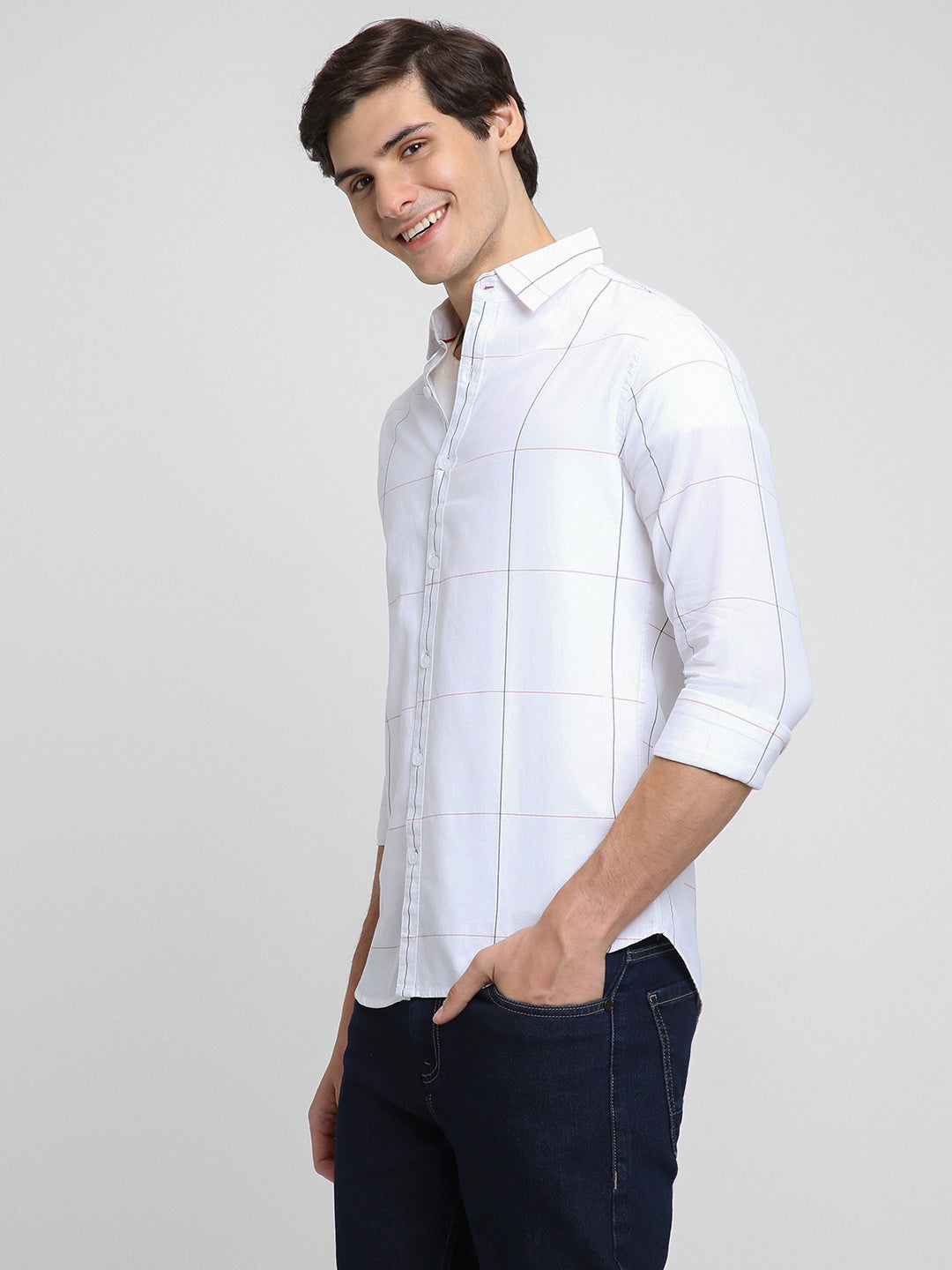 Dennis Lingo Men's Regular Collar Regular Fit Checks White Casual Shirts