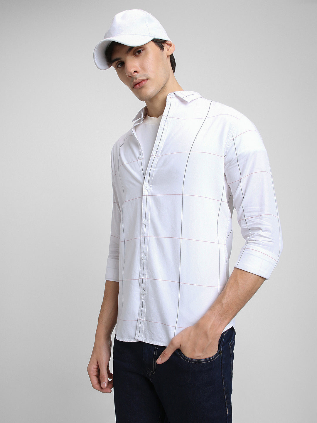 Dennis Lingo Men's Regular Collar Regular Fit Checks White Casual Shirts