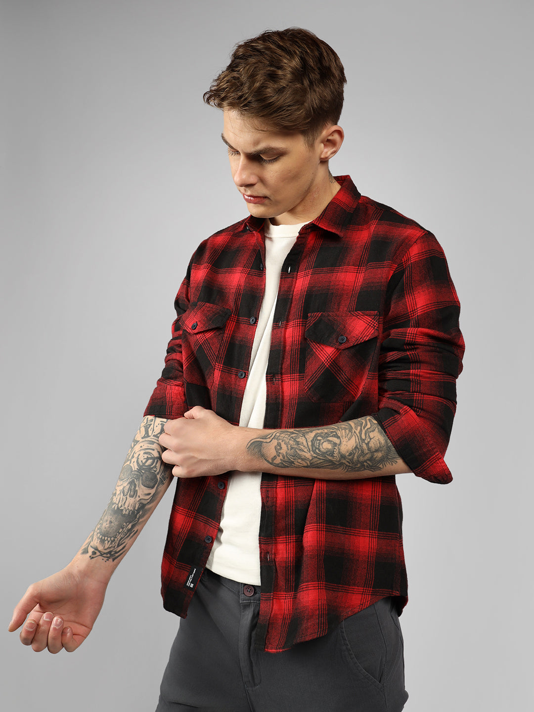 Men's Red Checks Spread Collar Full Sleeve Relaxed Fit Shirt