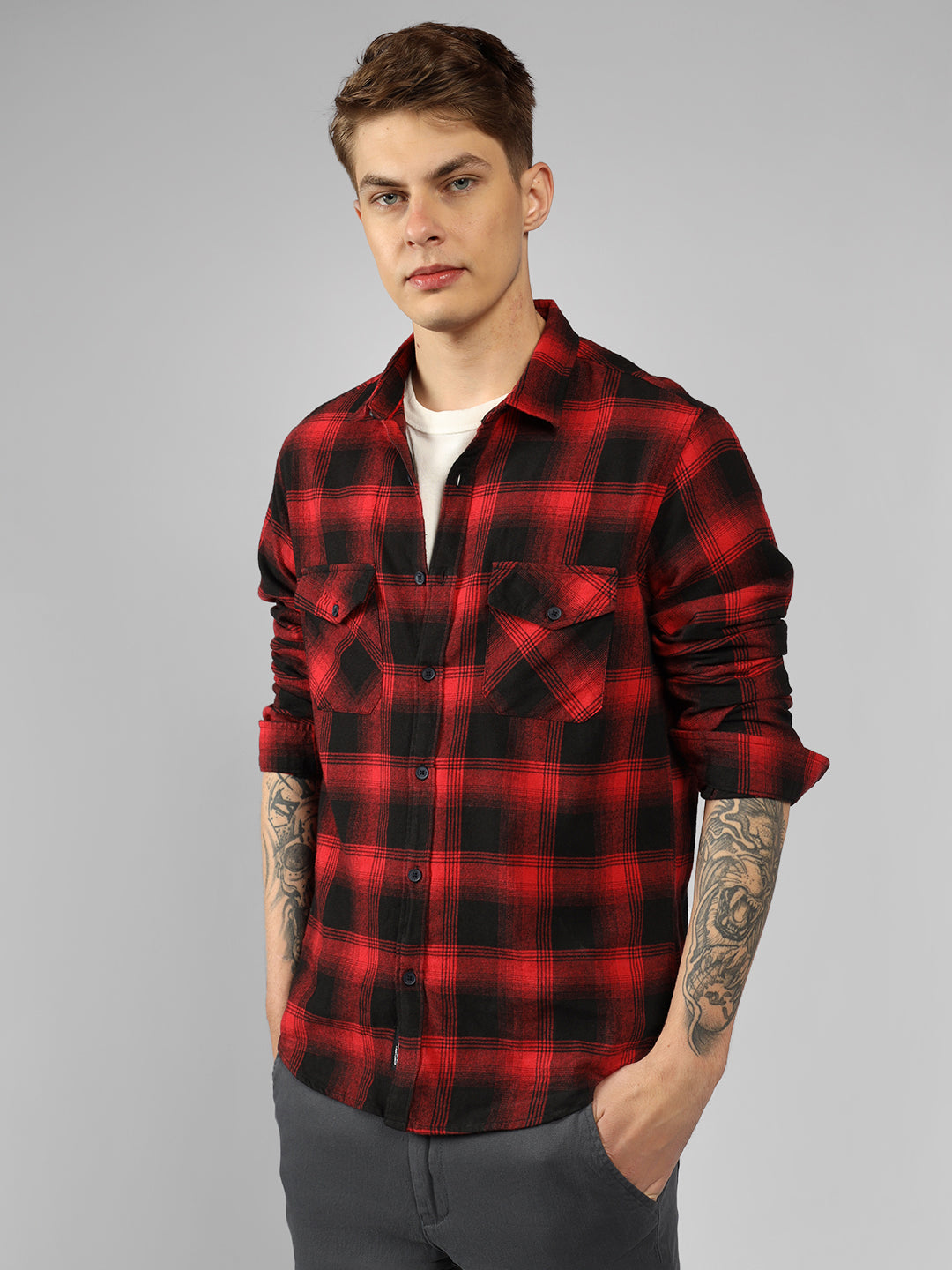 Men's Red Checks Spread Collar Full Sleeve Relaxed Fit Shirt