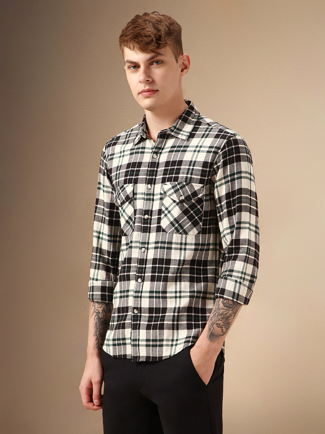 Men's Black Checks Spread Collar Full Sleeve Relaxed Fit Shirt