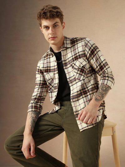 Men's Beige Flannel Checks Spread Collar Full Sleeve Relaxed Fit Shirt