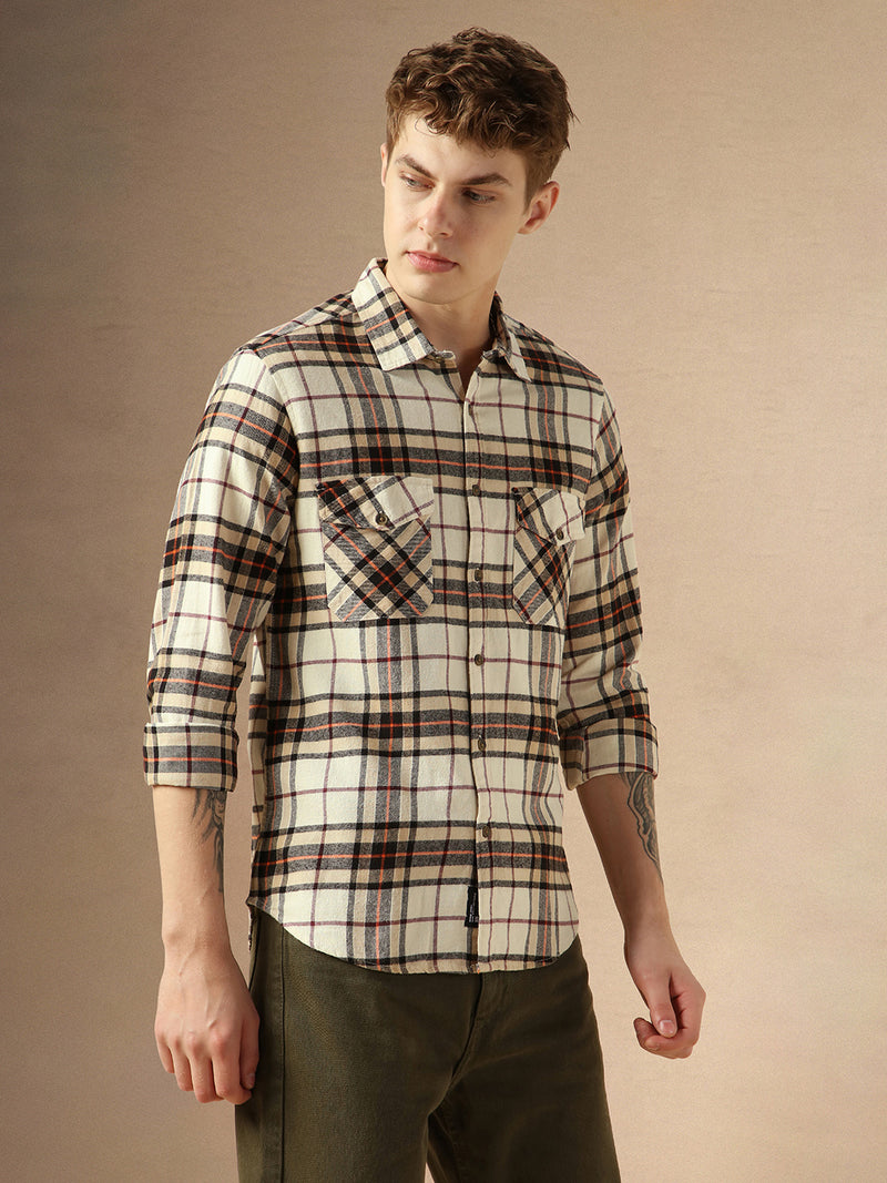 Men's Beige Flannel Checks Spread Collar Full Sleeve Relaxed Fit Shirt