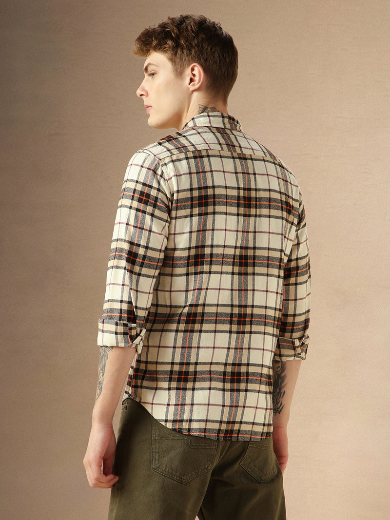 Men's Beige Flannel Checks Spread Collar Full Sleeve Relaxed Fit Shirt