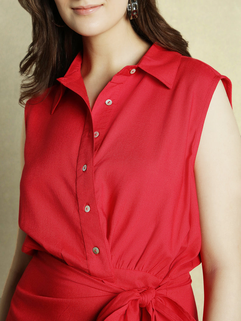 DL Woman Red Solid Shirt collar Mini Dress