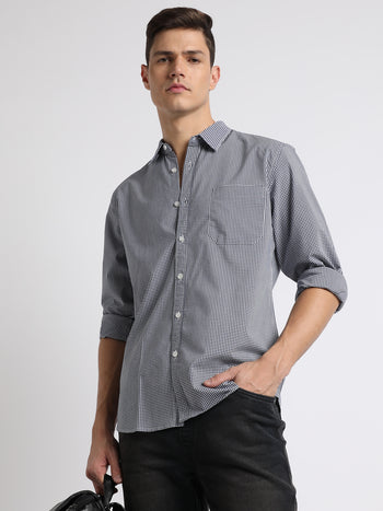 Men's Button Down Collar Slim Fit Gingham Checks Black Casual Shirts