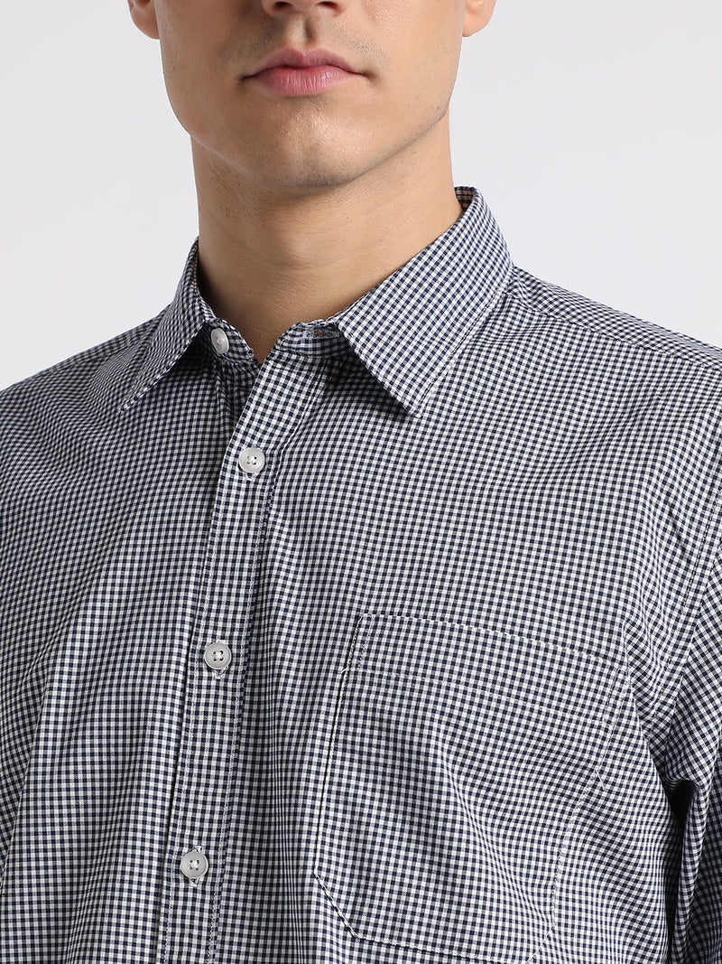 Men's Button Down Collar Slim Fit Gingham Checks Black Casual Shirts