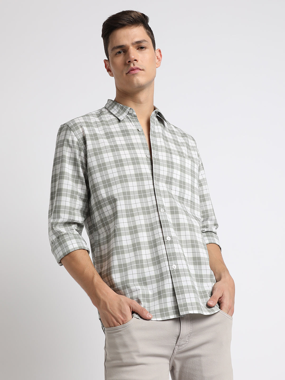 Dennis Lingo Men's Button Down Collar Slim Fit Checks Olive Casual Shirts