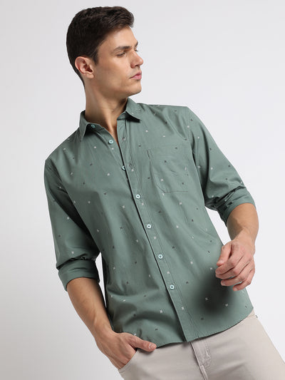 Men's Button Down Collar Slim Fit Print Teal Casual Shirts