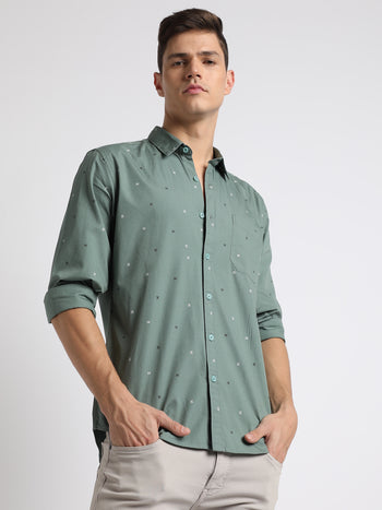 Men's Button Down Collar Slim Fit Print Teal Casual Shirts