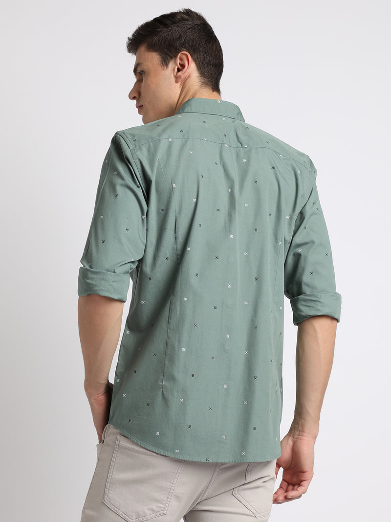 Men's Button Down Collar Slim Fit Print Teal Casual Shirts