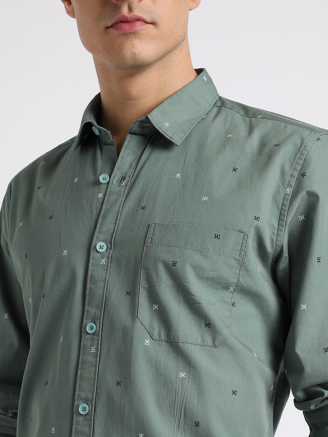 Men's Button Down Collar Slim Fit Print Teal Casual Shirts