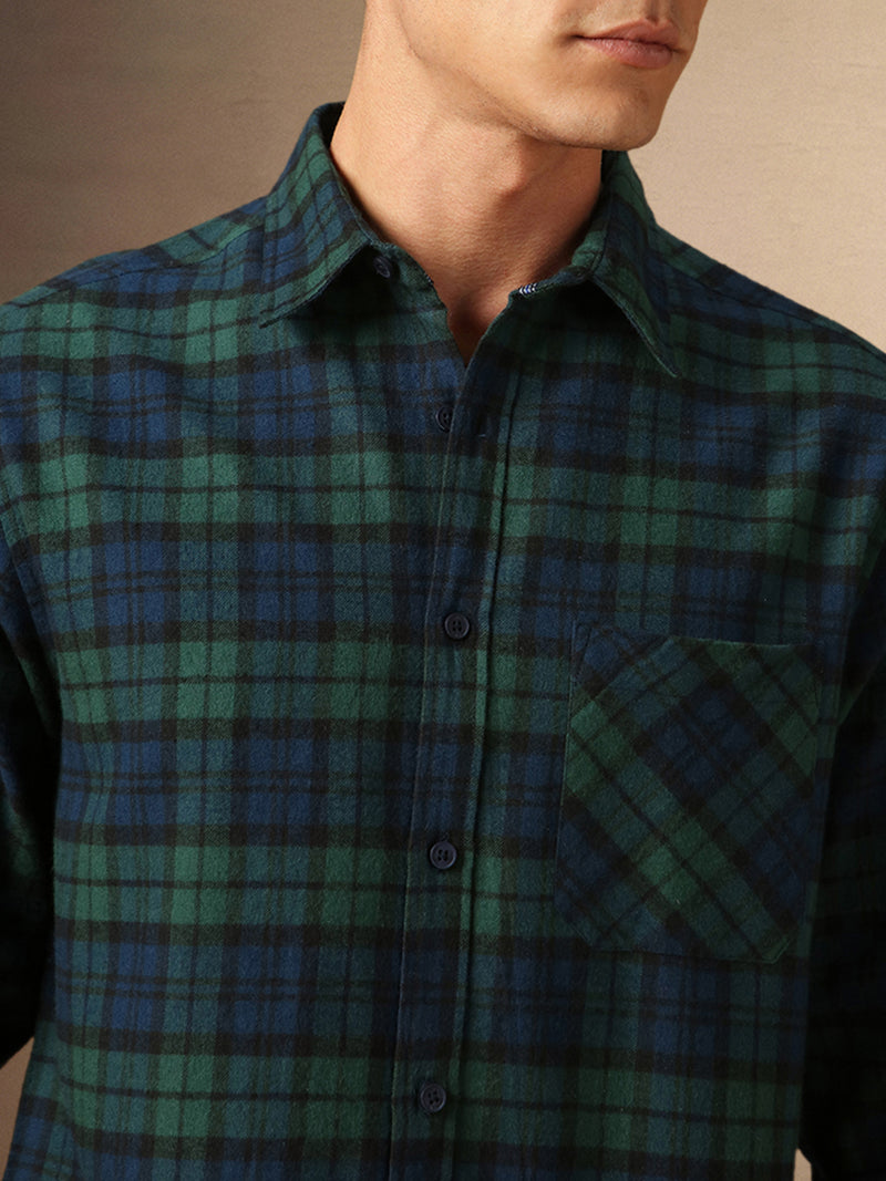 Men's Navy Checks Spread Collar Full Sleeves Casual Flannel Shirt