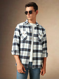 Men's White Checks Spread Collar Full Sleeves Casual Flannel Shacket