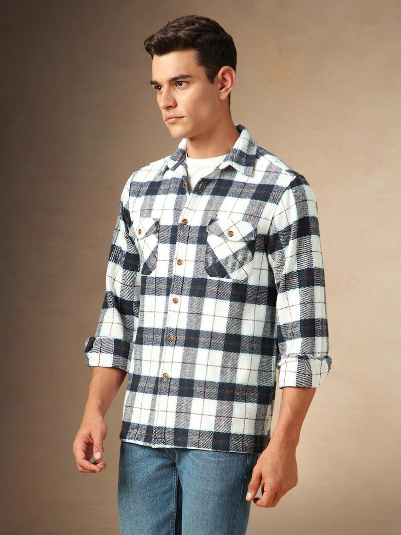 Men's White Checks Spread Collar Full Sleeves Casual Flannel Shacket