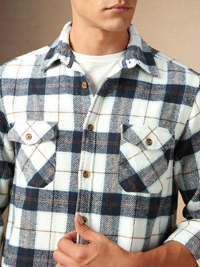 Men's White Checks Spread Collar Full Sleeves Casual Flannel Shacket