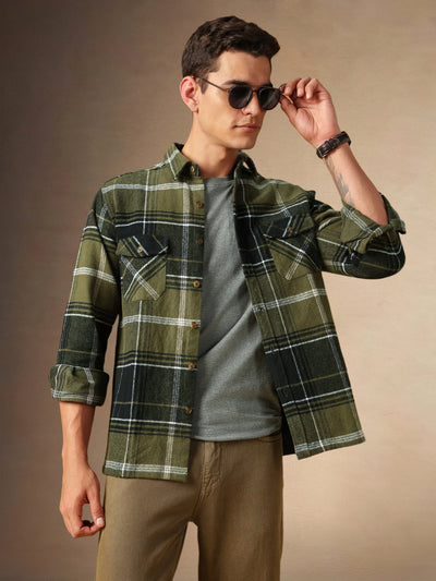 Men's Olive Checks Spread Collar Full Sleeves Casual Flannel Shacket