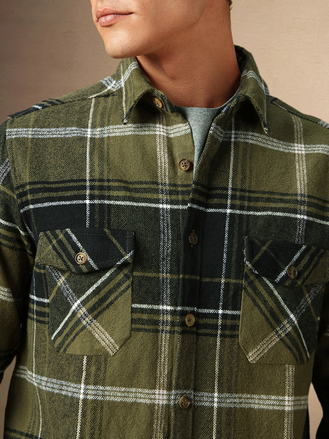 Men's Olive Checks Spread Collar Full Sleeves Casual Flannel Shacket