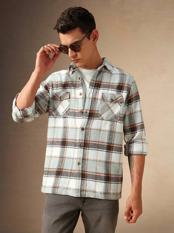 Men's Grey Checks Spread Collar Full Sleeves Casual Flannel Shacket