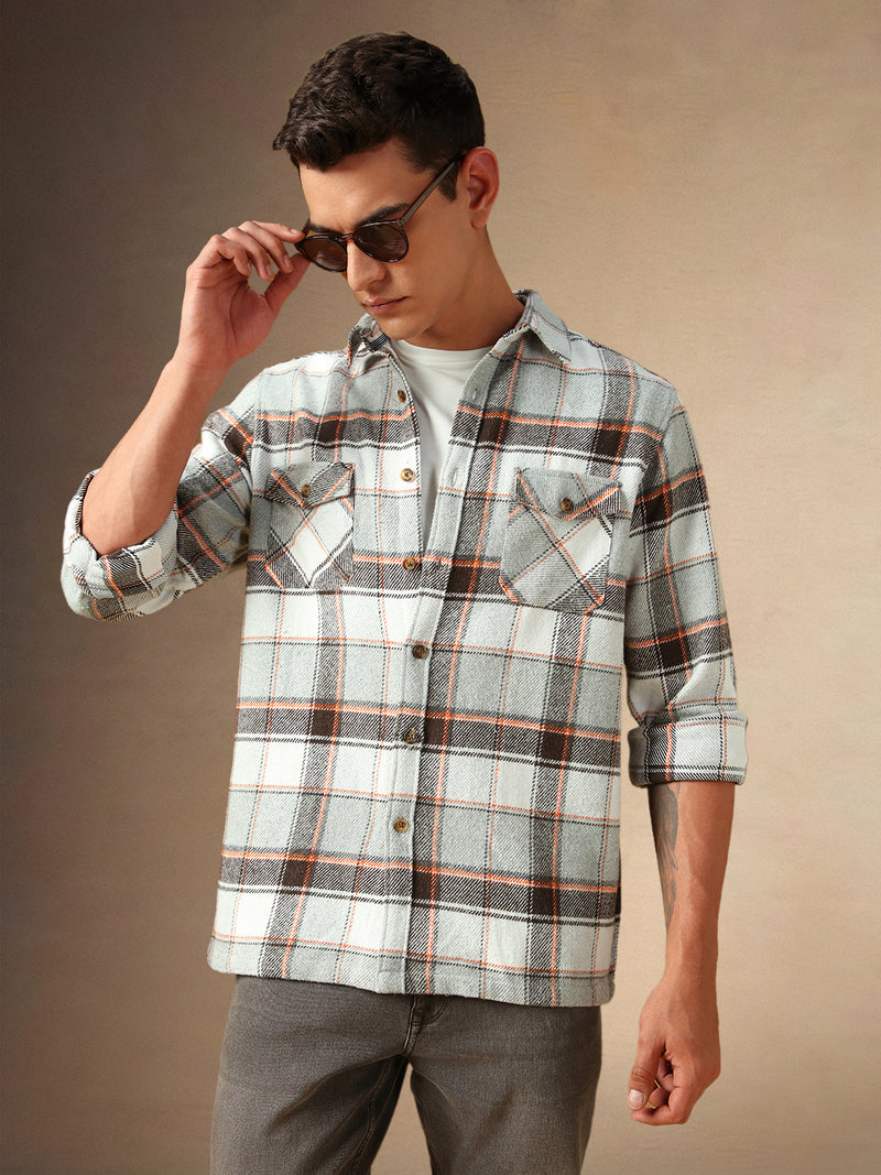 Men's Grey Checks Spread Collar Full Sleeves Casual Flannel Shacket