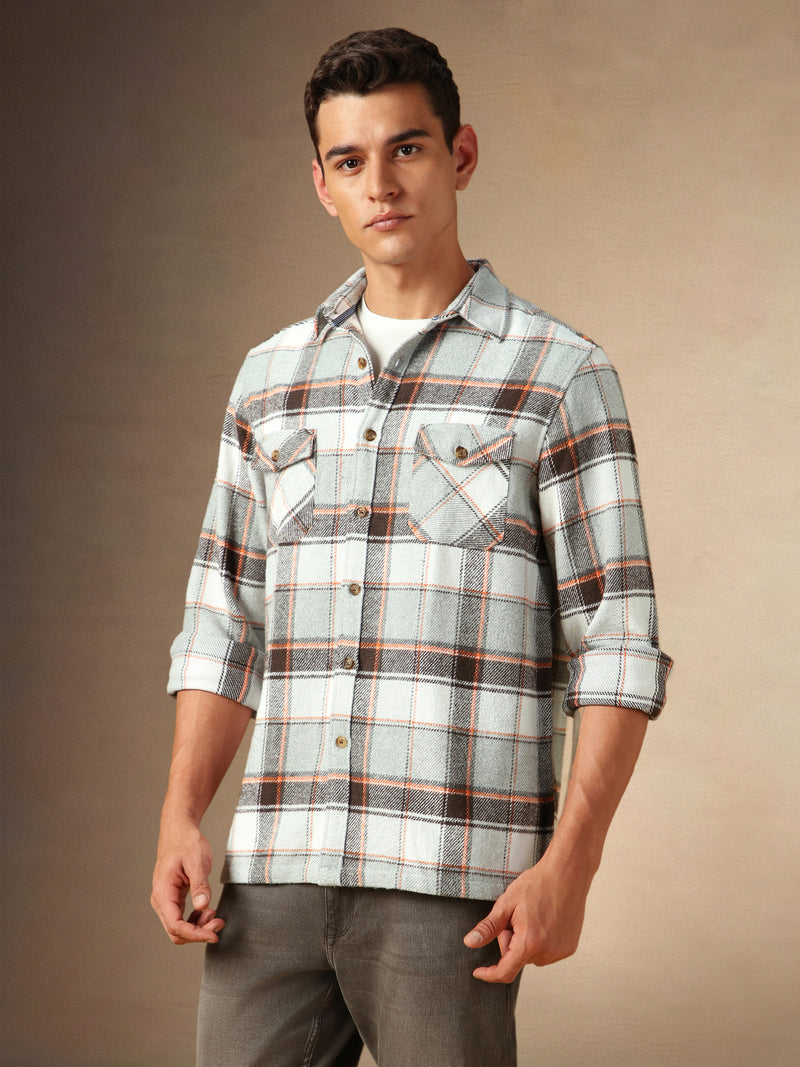 Men's Grey Checks Spread Collar Full Sleeves Casual Flannel Shacket