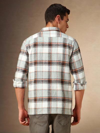 Men's Grey Checks Spread Collar Full Sleeves Casual Flannel Shacket