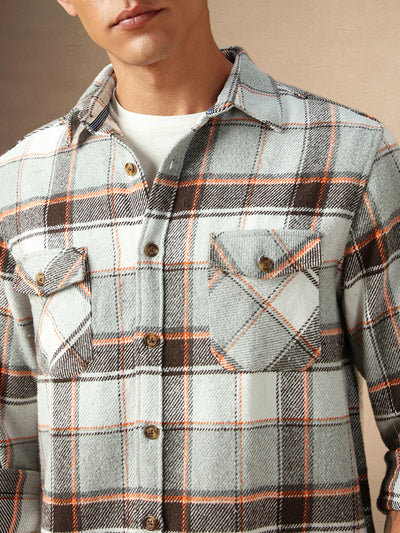 Men's Grey Checks Spread Collar Full Sleeves Casual Flannel Shacket