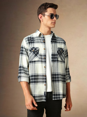 Men's White Checks Spread Collar Full Sleeves Casual Flannel Shacket