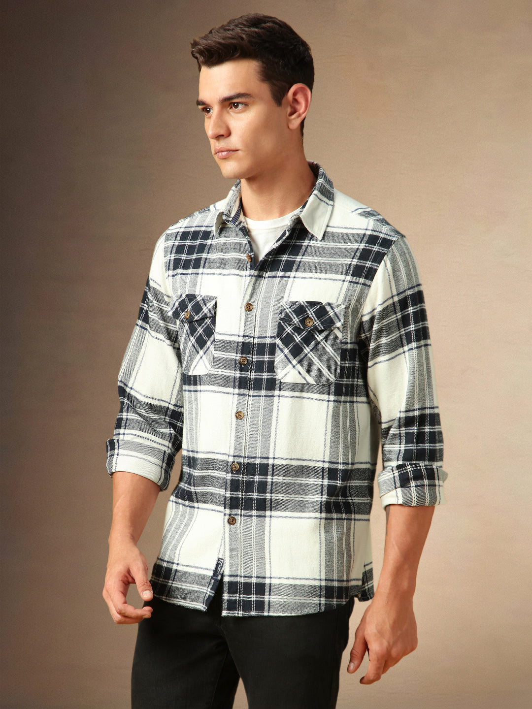 Men's White Checks Spread Collar Full Sleeves Casual Flannel Shacket