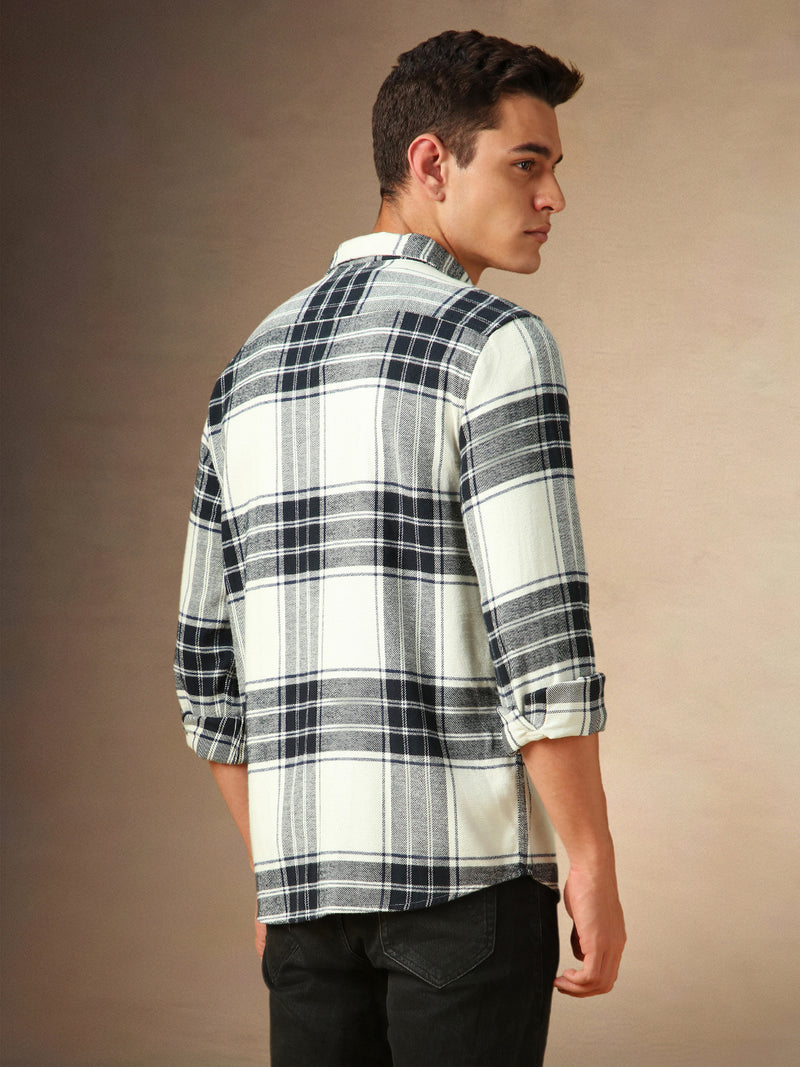 Men's White Checks Spread Collar Full Sleeves Casual Flannel Shacket