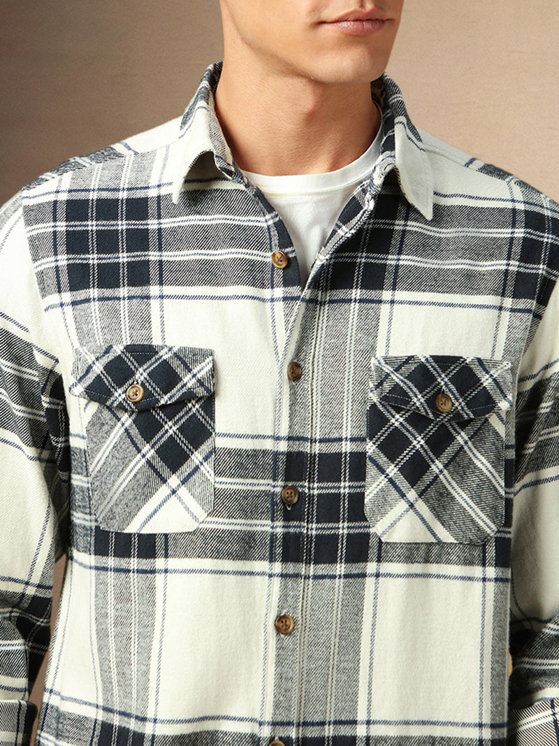 Men's White Checks Spread Collar Full Sleeves Casual Flannel Shacket