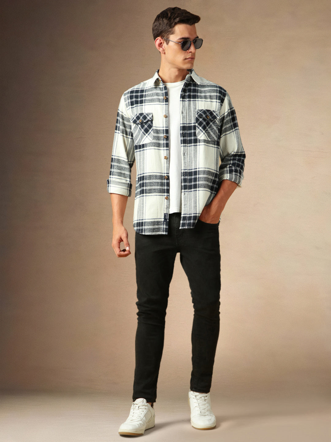 Men's White Checks Spread Collar Full Sleeves Casual Flannel Shacket