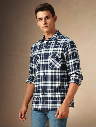 Men's Navy Checks Spread Collar Full Sleeves Casual Flannel Shirt