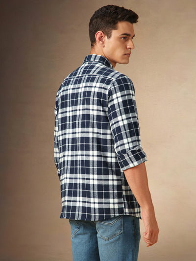 Men's Navy Checks Spread Collar Full Sleeves Casual Flannel Shirt