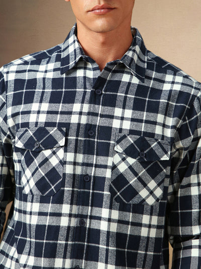 Men's Navy Checks Spread Collar Full Sleeves Casual Flannel Shirt