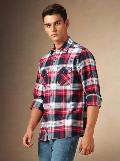 Men's Navy tartan Checks Spread Collar Full Sleeves Casual Shirt