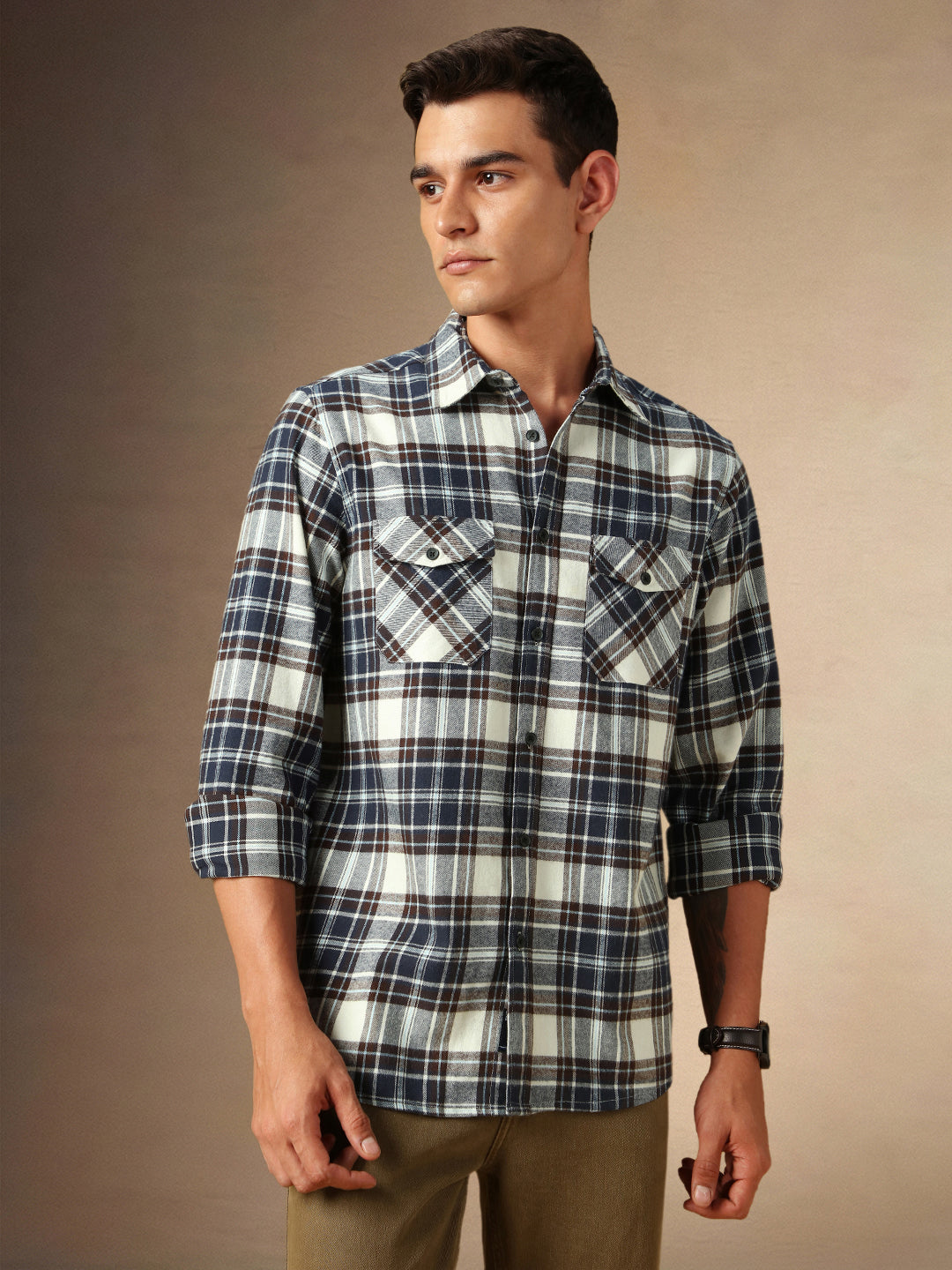 Men's Black Checks Spread Collar Full Sleeves Casual Flannel Shirt