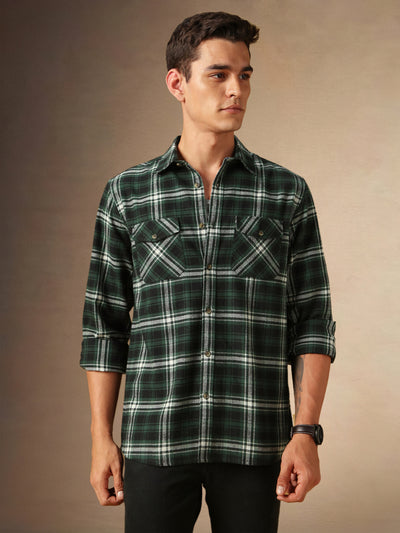 Men's Green Checks Spread Collar Full Sleeves Casual Flannel Shacket