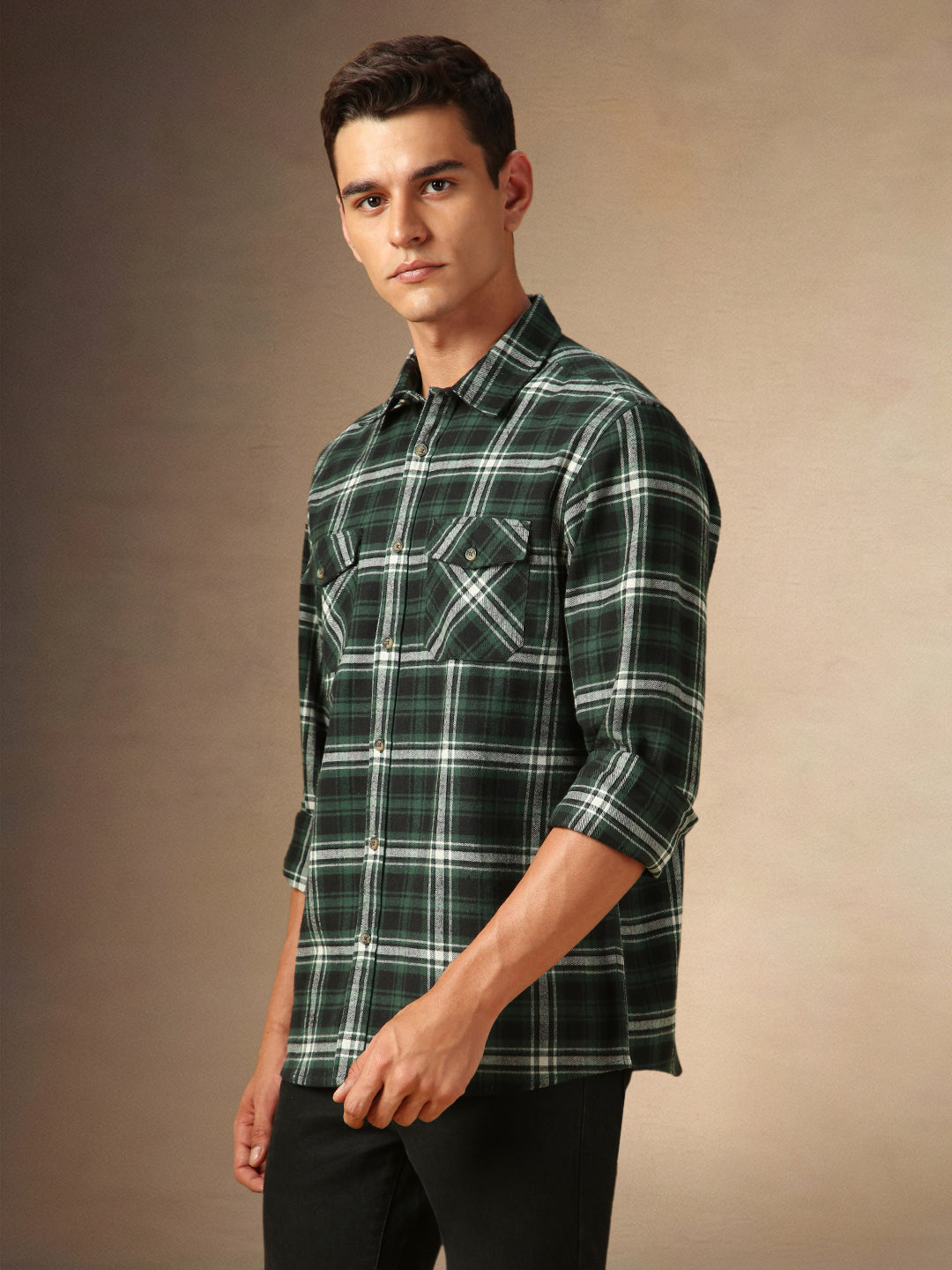 Men's Green Checks Spread Collar Full Sleeves Casual Flannel Shacket