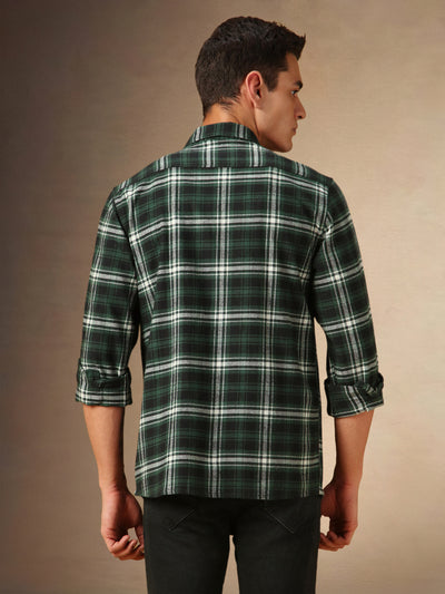 Men's Green Checks Spread Collar Full Sleeves Casual Flannel Shacket