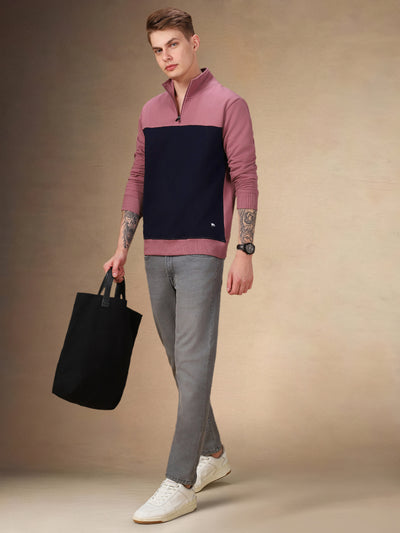 Men's Colorblocked Mock Neck Full Sleeves Regular Fit Sweatshirt