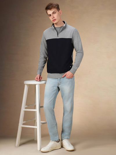 Men's Colorblocked Mock Neck Full Sleeves Regular Fit Sweatshirt