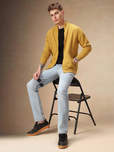 Men's Solid Mustard Full Sleeves Front-Open Sweatshirt