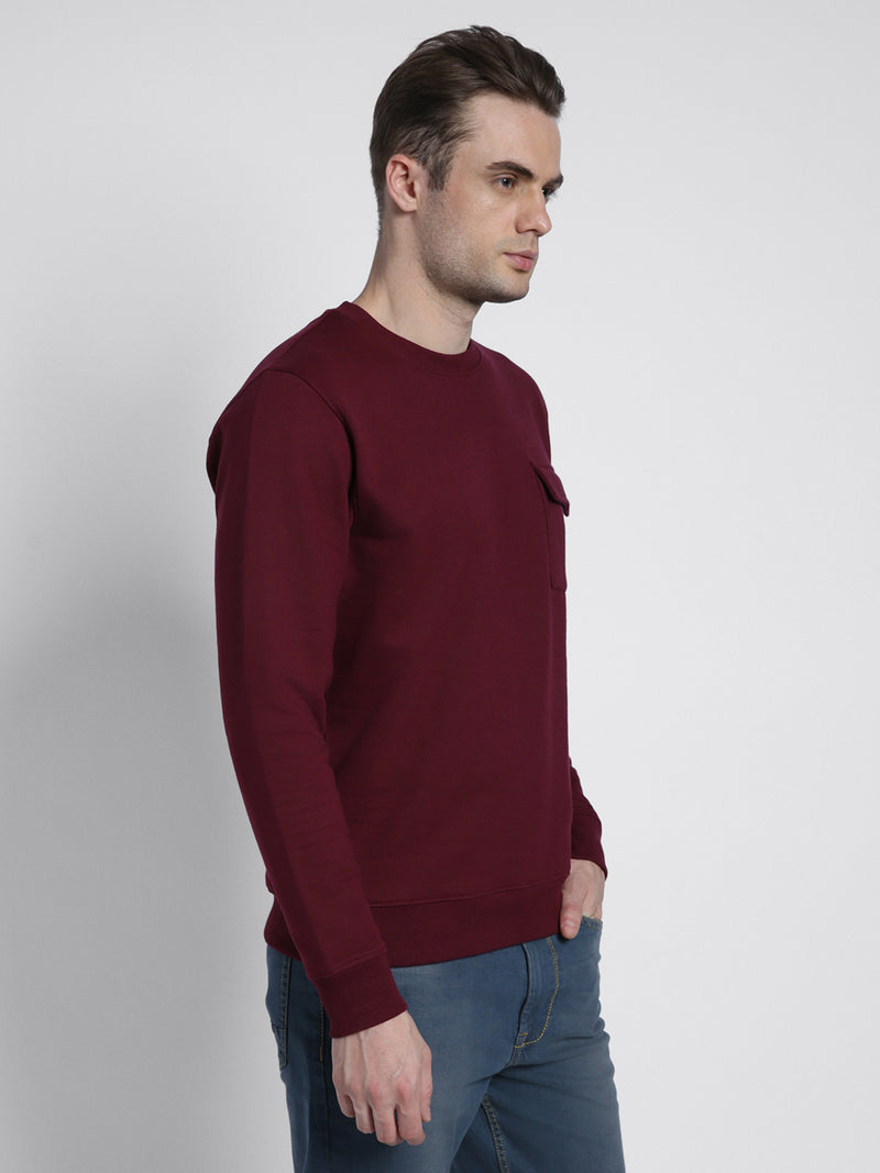 Men's Mock Neck Regular Fit Solid Patch Pocket Maroon Sweatshirt