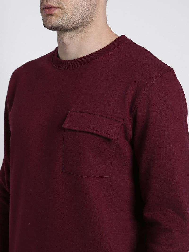 Men's Mock Neck Regular Fit Solid Patch Pocket Maroon Sweatshirt