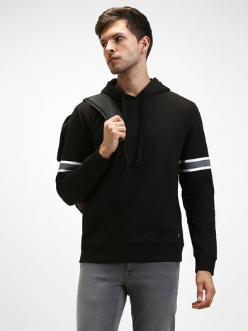 Men's Black Striped Sleeves Hooded Sweatshirt